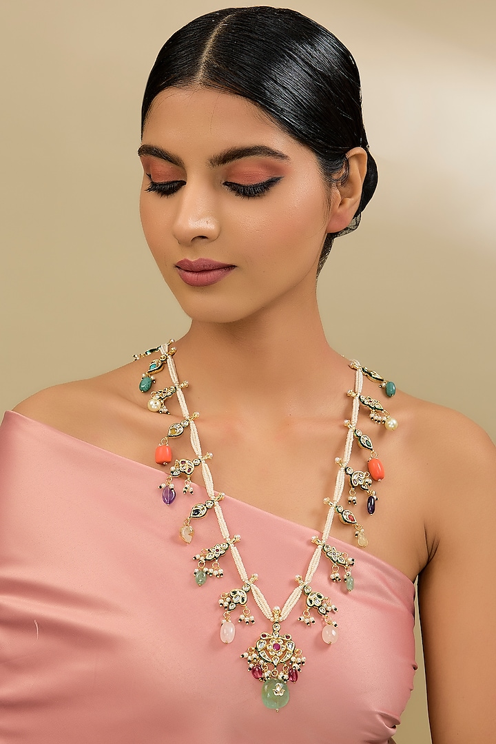 Gold Finish Kundan Polki & Semi-Precious Beaded Necklace Set by Amreli Jaipur at Pernia's Pop Up Shop