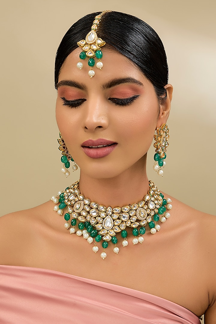 Gold Finish Kundan Polki Choker Necklace Set by Amreli Jaipur at Pernia's Pop Up Shop