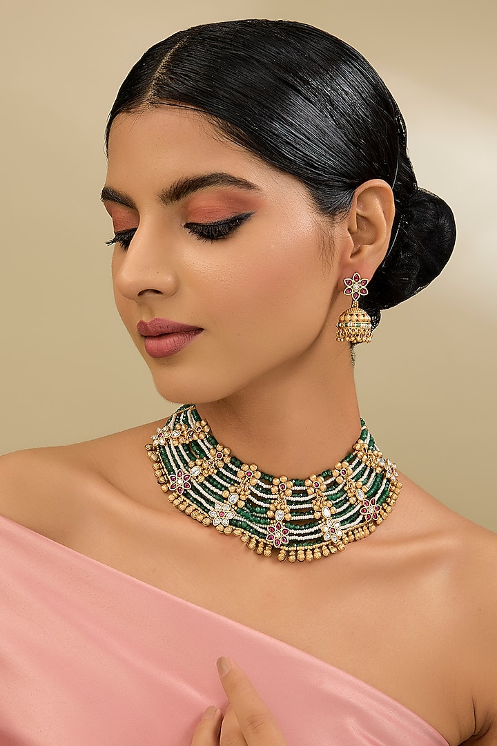 Gold Finish Kundan Polki & Kemp Stone Necklace Set by Amreli Jaipur at Pernia's Pop Up Shop