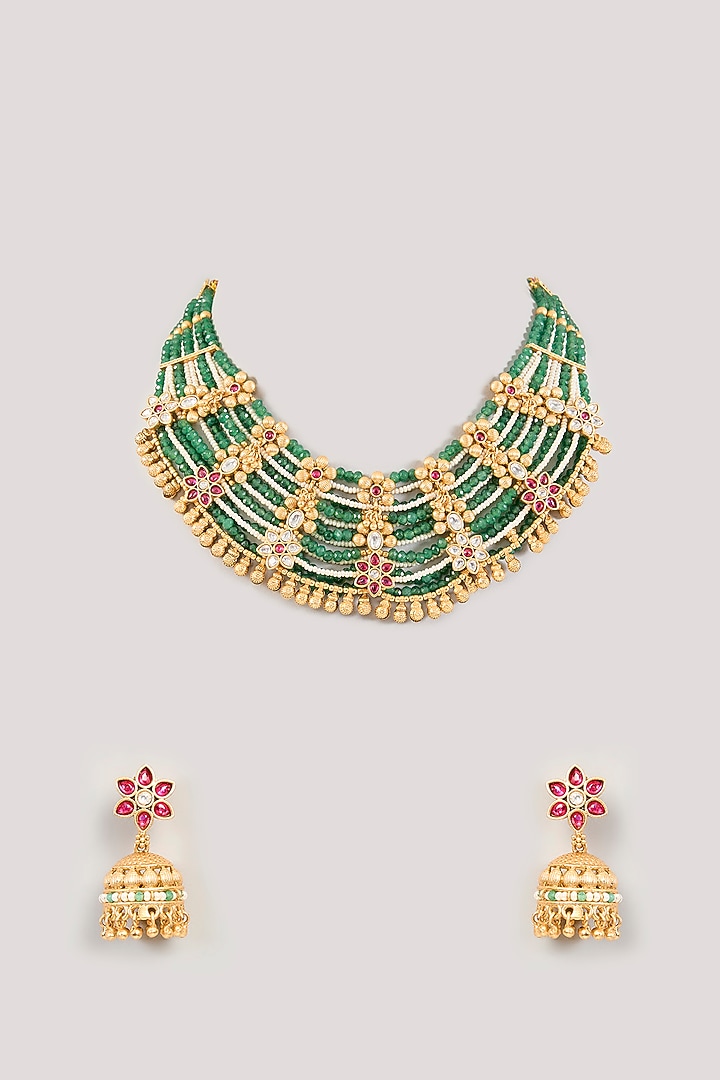 Gold Finish Kundan Polki & Kemp Stone Necklace Set by Amreli Jaipur at Pernia's Pop Up Shop