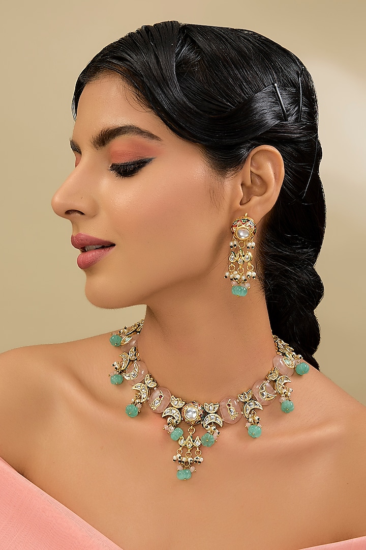 Gold Finish Kundan Polki & Carved Stone Necklace Set by Amreli Jaipur at Pernia's Pop Up Shop