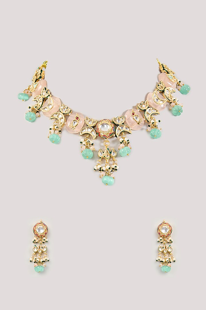 Gold Finish Kundan Polki & Carved Stone Necklace Set by Amreli Jaipur at Pernia's Pop Up Shop