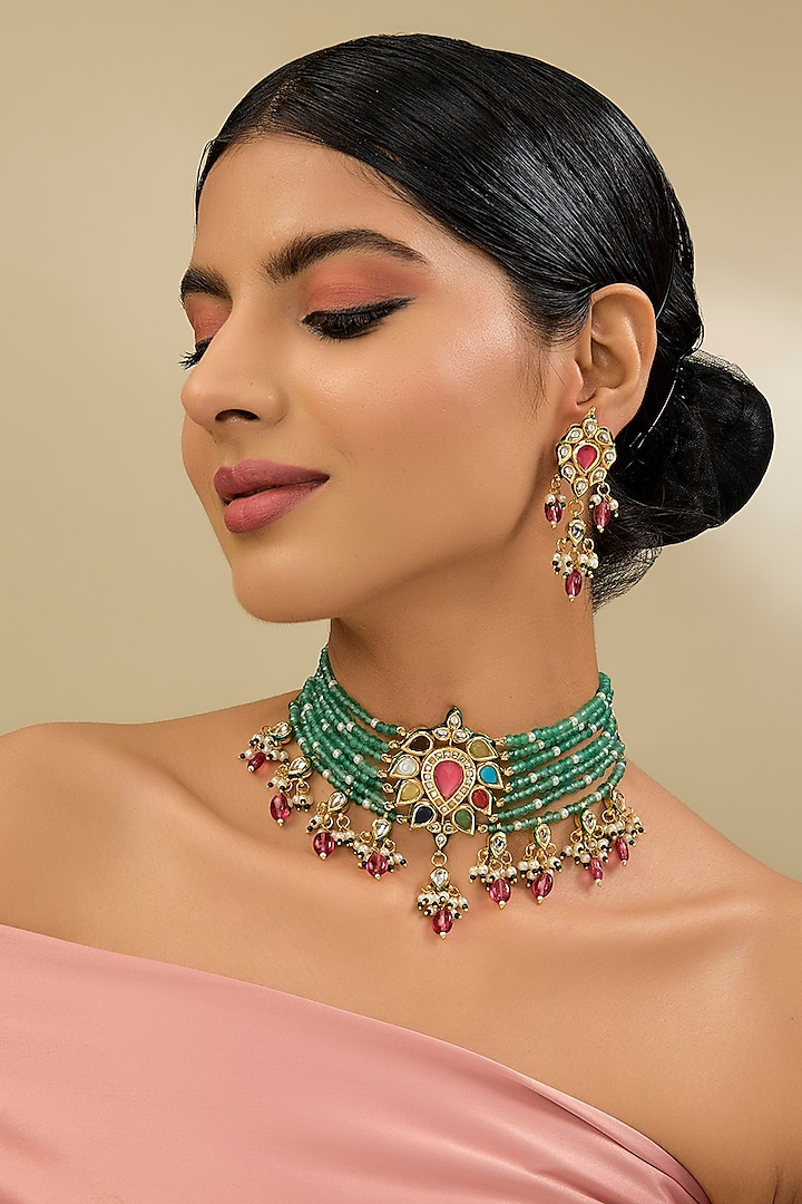 Gold Finish Kundan Polki Choker Necklace Set by Amreli Jaipur at Pernia's Pop Up Shop