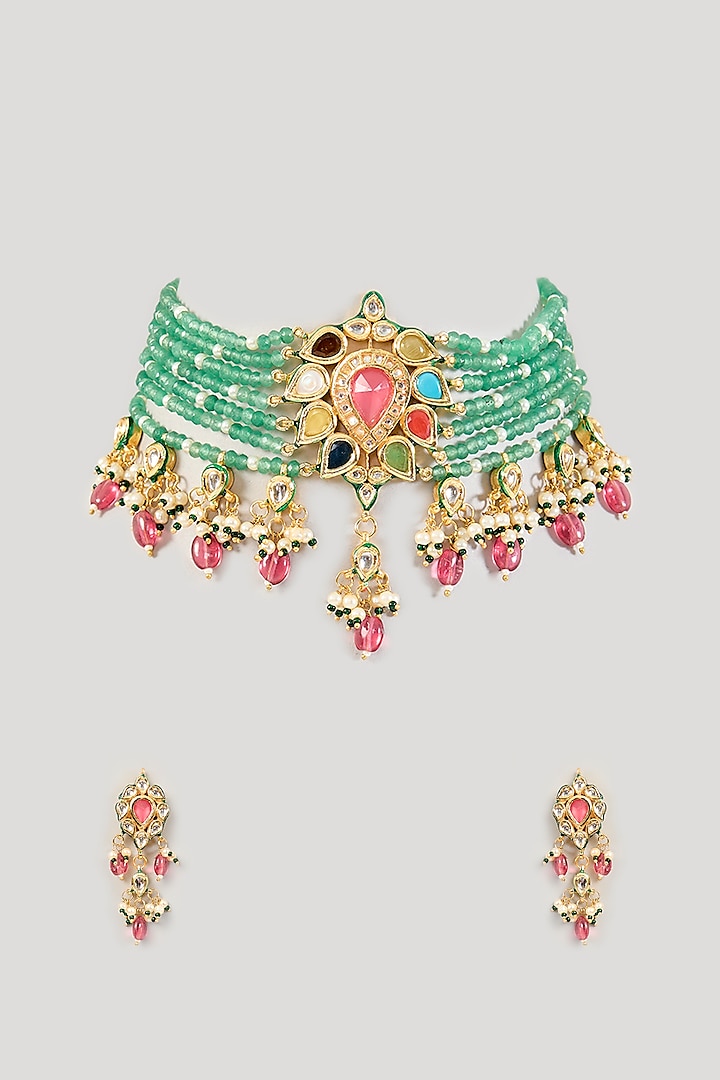 Gold Finish Kundan Polki Choker Necklace Set by Amreli Jaipur at Pernia's Pop Up Shop
