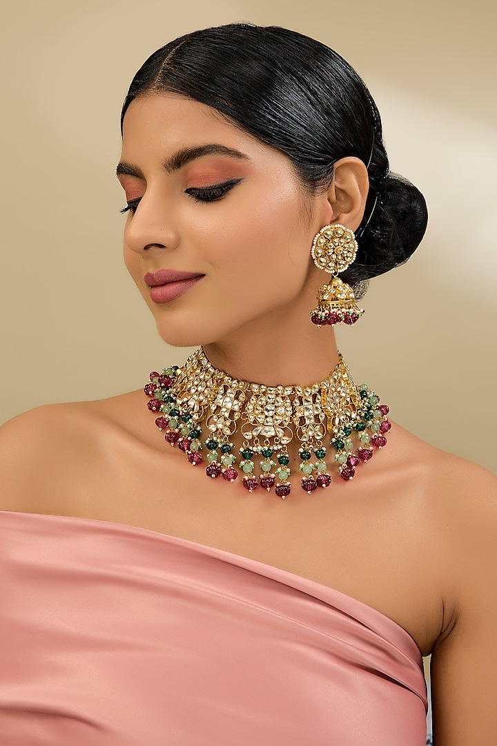 Gold Finish Pachi Kundan Polki Choker Necklace Set by Amreli Jaipur at Pernia's Pop Up Shop