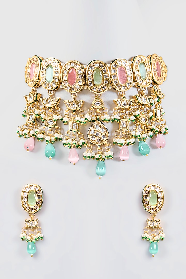 Gold Finish Kundan Polki & Carved Stone Choker Necklace Set by Amreli Jaipur at Pernia's Pop Up Shop