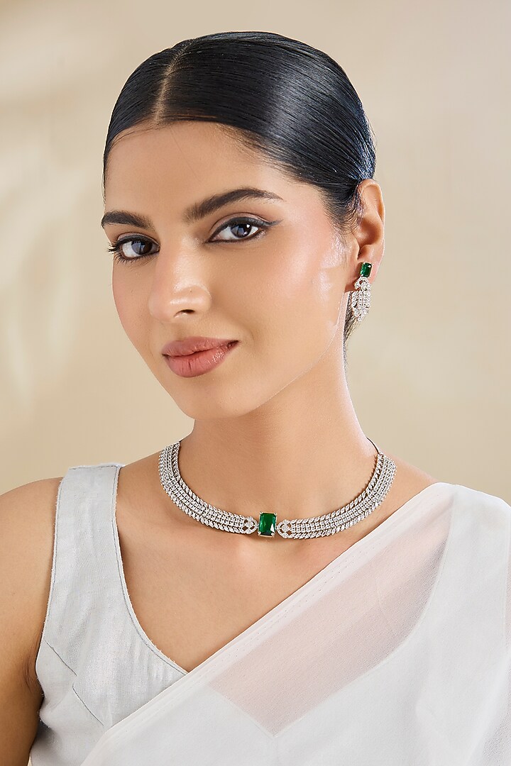 White Gold Finish Cubic Zirconia & Blue Stone Necklace Set by Amreli Jaipur at Pernia's Pop Up Shop