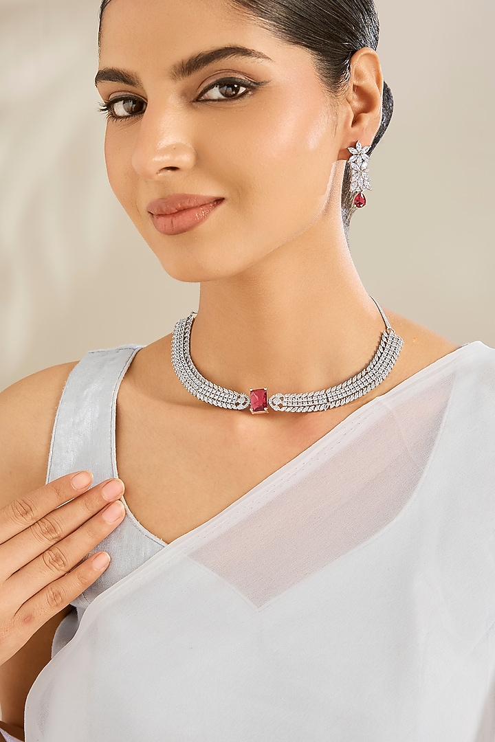 White Gold Finish Cubic Zirconia & Red Stone Necklace Set by Amreli Jaipur at Pernia's Pop Up Shop