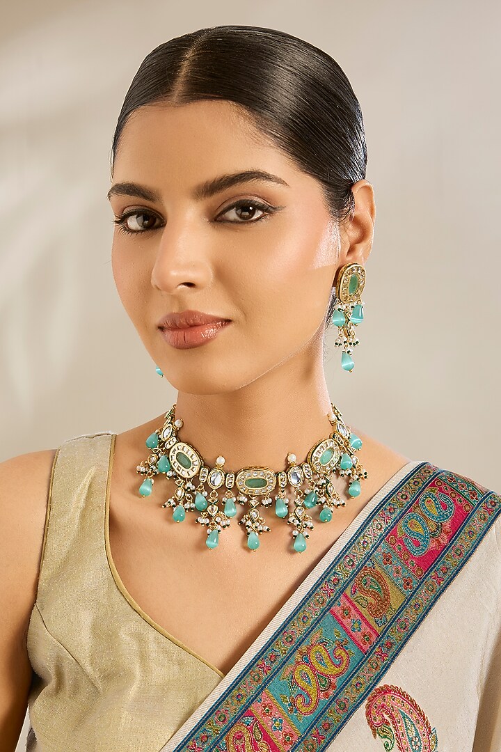 Gold Finish Kundan Polki & Green Beaded Choker Necklace Set by Amreli Jaipur at Pernia's Pop Up Shop