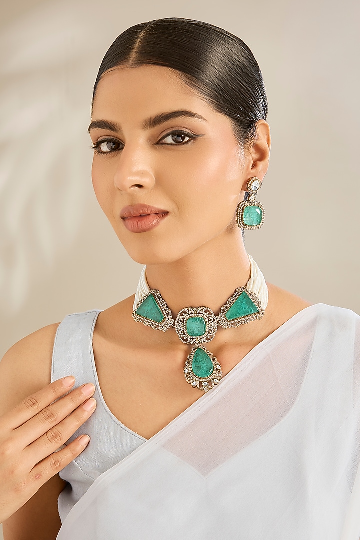 Gold Finish Kundan Polki & Mint Double Stone Choker Necklace Set by Amreli Jaipur at Pernia's Pop Up Shop