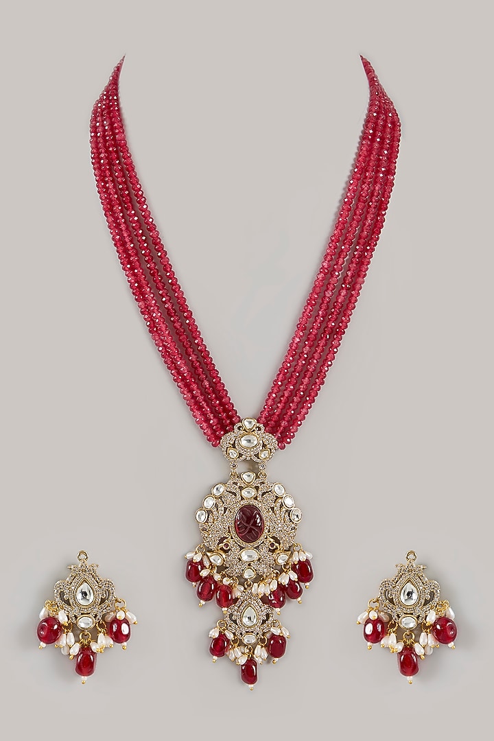 Gold Finish Red Kundan Polki Necklace Set by Amreli Jaipur at Pernia's Pop Up Shop
