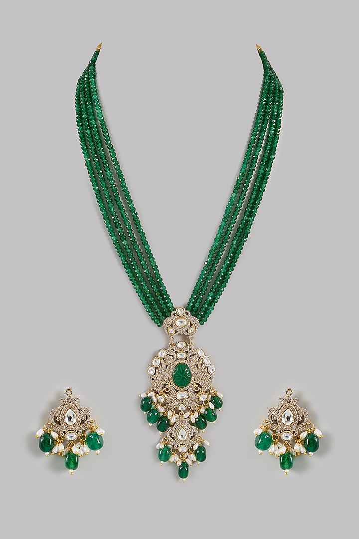 Gold Finish Green Kundan Polki Necklace Set by Amreli Jaipur at Pernia's Pop Up Shop