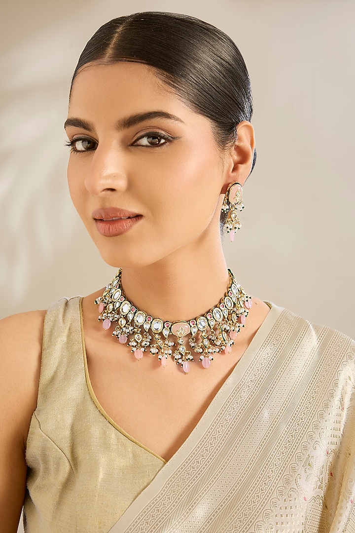 Gold Finish Kundan Polki & Beaded Choker Necklace Set by Amreli Jaipur at Pernia's Pop Up Shop