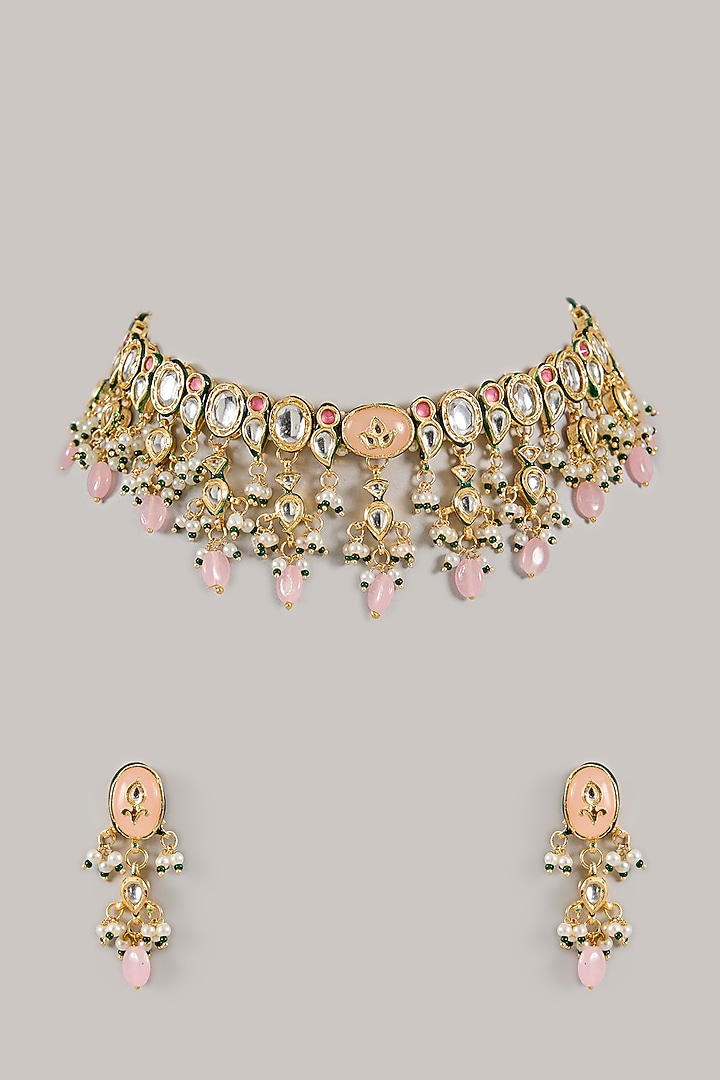 Gold Finish Kundan Polki & Beaded Choker Necklace Set by Amreli Jaipur at Pernia's Pop Up Shop