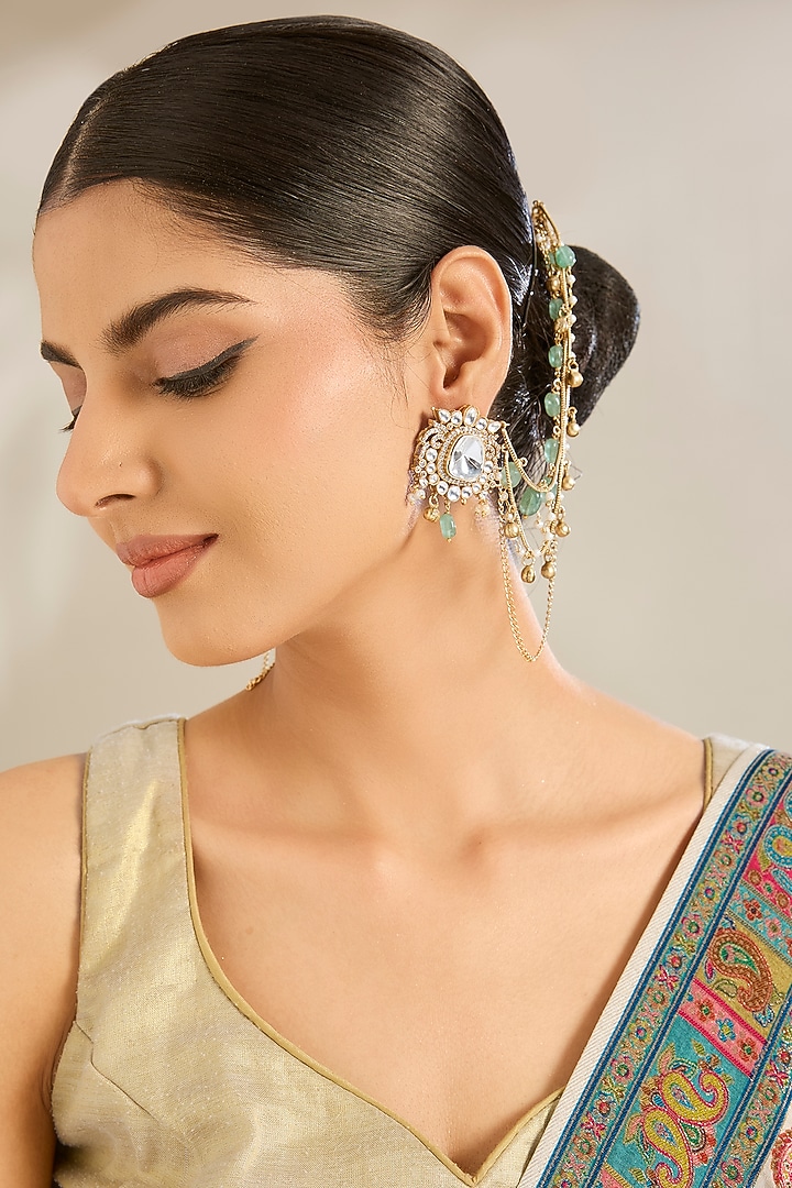 Gold Finish Kundan Polki Dangler Earrings With Ear Chains by Amreli Jaipur at Pernia's Pop Up Shop