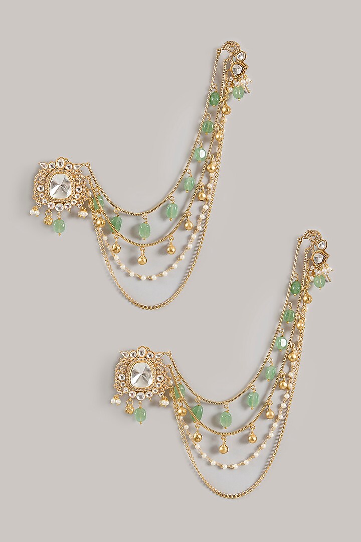Gold Finish Kundan Polki Dangler Earrings With Ear Chains by Amreli Jaipur at Pernia's Pop Up Shop