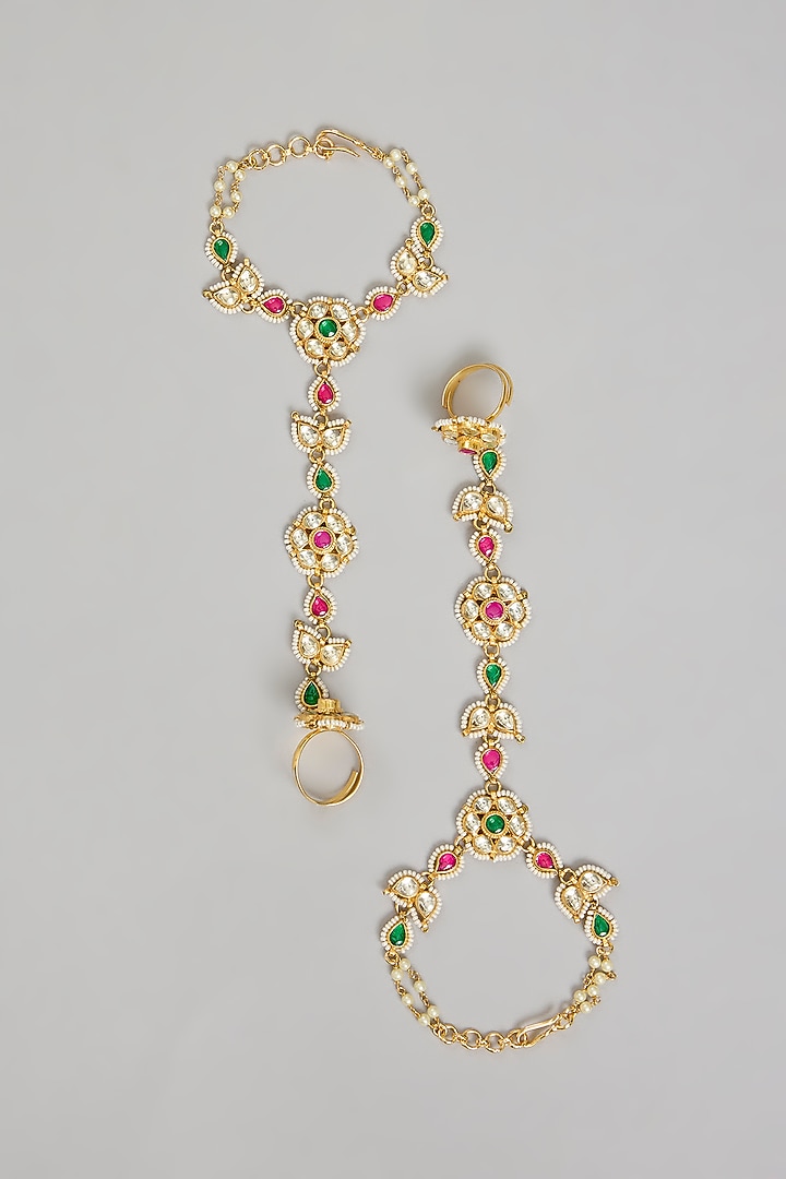 Gold Finish Kundan Polki & Floral Motifs Hand Harness (Set Of 2) by Amreli Jaipur at Pernia's Pop Up Shop