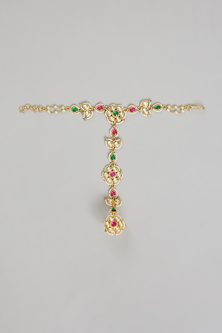 Gold Finish Kundan Polki & Floral Motifs Hand Harness (Set Of 2) by Amreli Jaipur at Pernia's Pop Up Shop