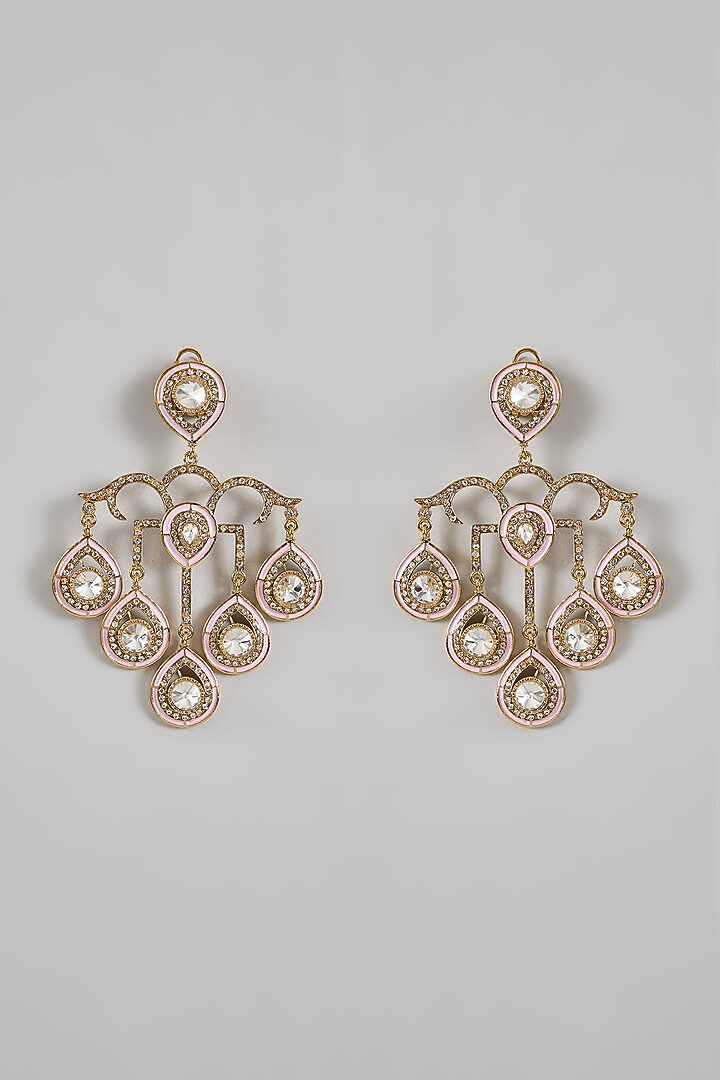 Gold Finish Pink Kundan Polki Chandbali Earrings by Amreli Jaipur at Pernia's Pop Up Shop