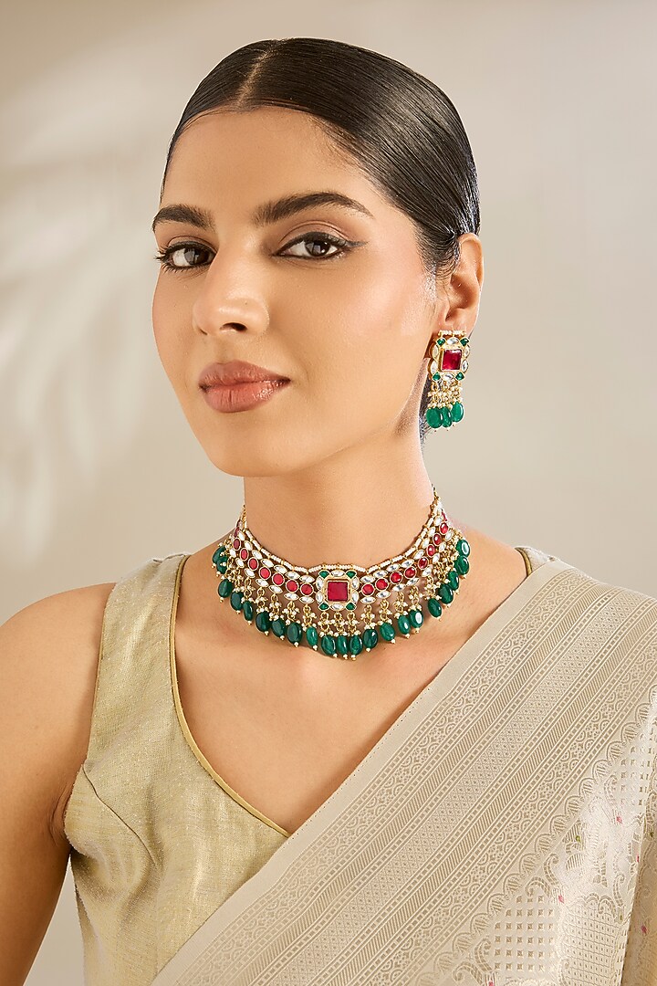 Gold Finish Green Pachi Kundan Polki Choker Necklace Set by Amreli Jaipur at Pernia's Pop Up Shop