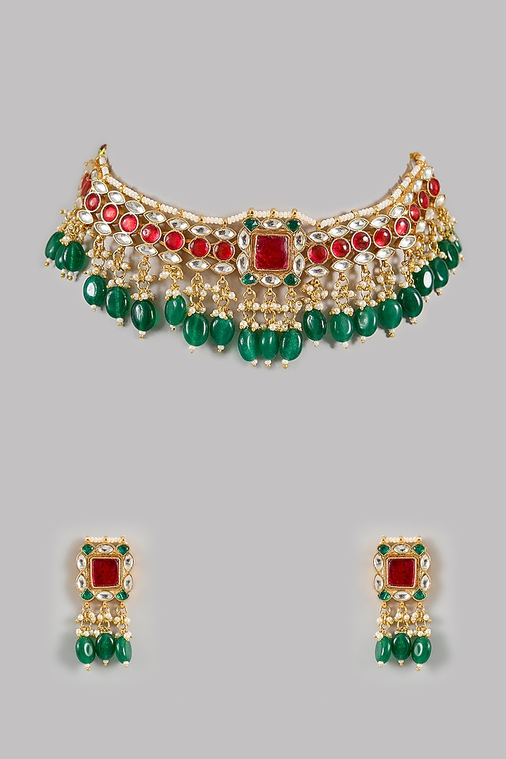 Gold Finish Green Pachi Kundan Polki Choker Necklace Set by Amreli Jaipur at Pernia's Pop Up Shop