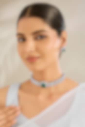 White Gold Finish Cubic Zirconia & Green Stone Choker Necklace Set by Amreli Jaipur at Pernia's Pop Up Shop