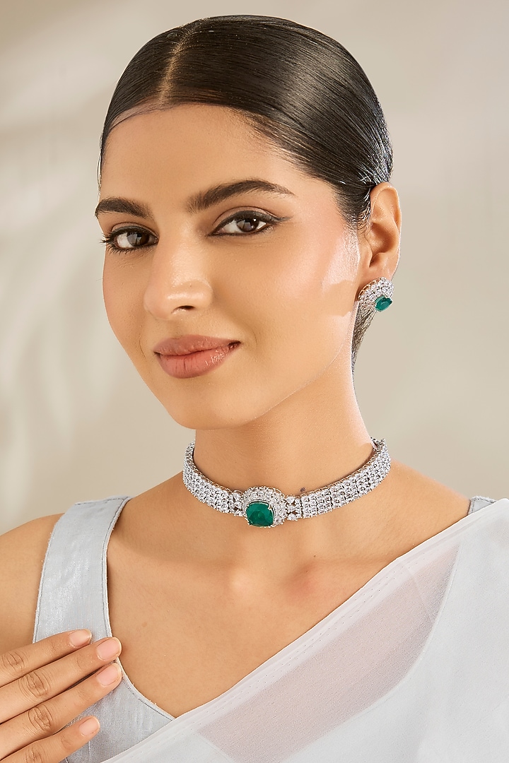 White Gold Finish Cubic Zirconia & Green Stone Choker Necklace Set by Amreli Jaipur at Pernia's Pop Up Shop