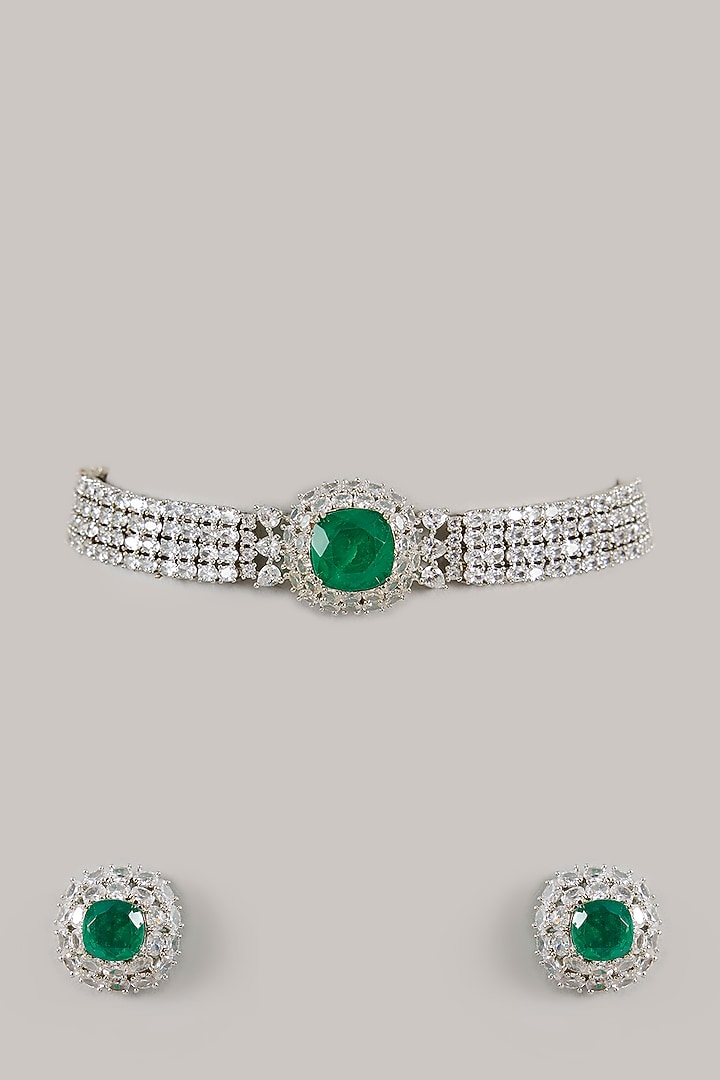 White Gold Finish Cubic Zirconia & Green Stone Choker Necklace Set by Amreli Jaipur at Pernia's Pop Up Shop