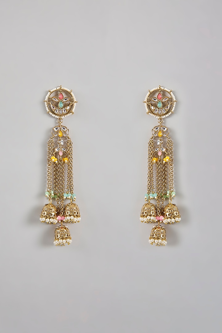 Gold Finish Multi-Colored Kundan Polki Dangler Earrings by Amreli Jaipur at Pernia's Pop Up Shop