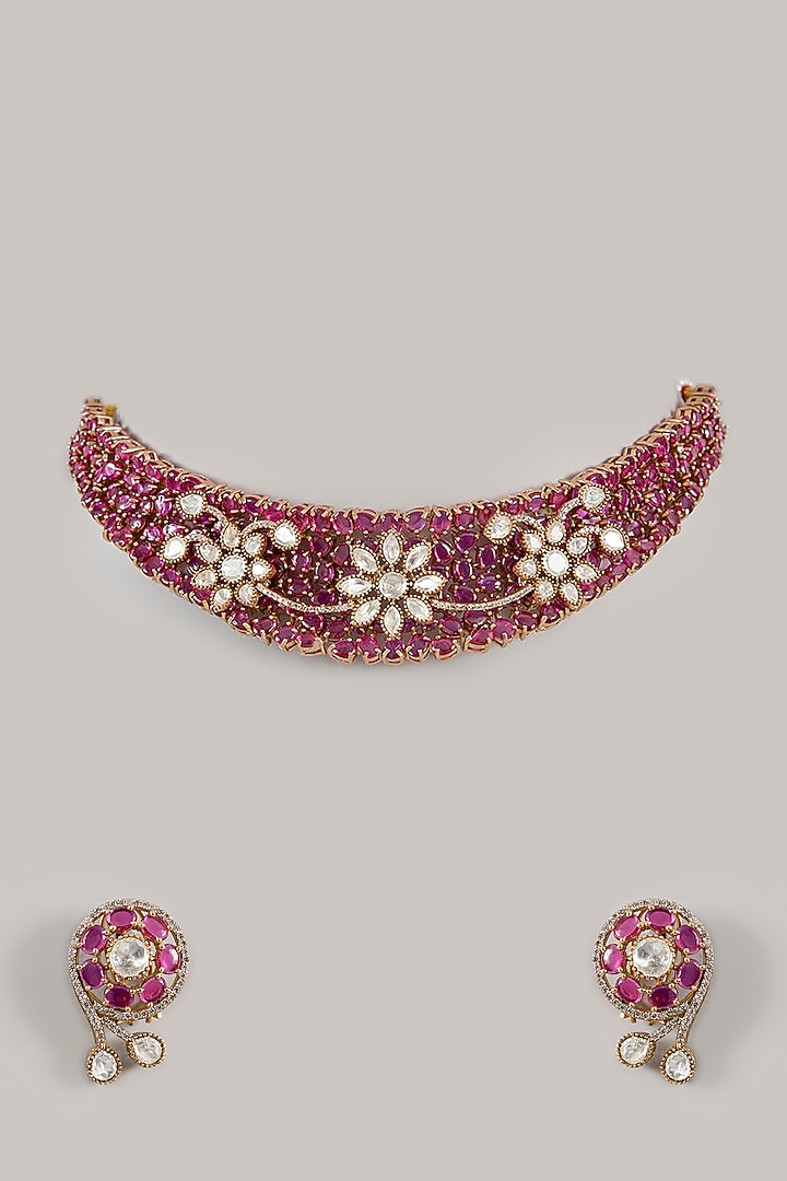White Finish Kundan Polki & Ruby Stone Choker Necklace Set by Amreli Jaipur at Pernia's Pop Up Shop