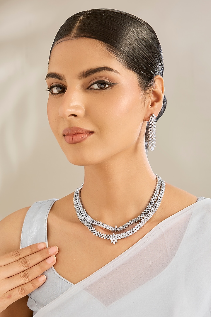 White Gold Finish Cubic Zirconia Necklace Set by Amreli Jaipur at Pernia's Pop Up Shop