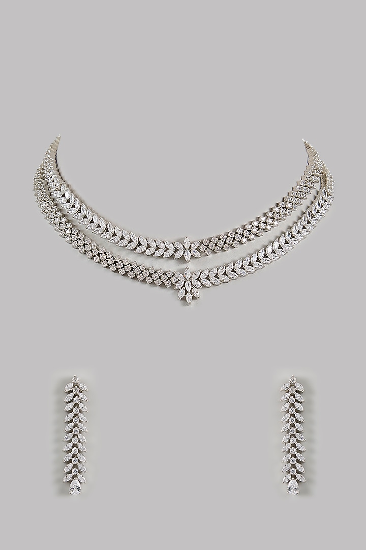 White Gold Finish Cubic Zirconia Necklace Set by Amreli Jaipur at Pernia's Pop Up Shop