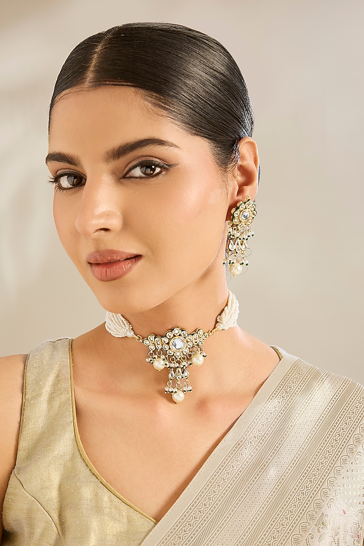 Gold Finish Kundan Polki & Beaded Choker Necklace Set by Amreli Jaipur at Pernia's Pop Up Shop