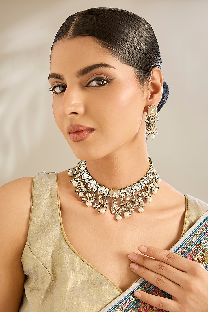 Gold Finish Kundan Polki & Beaded Choker Necklace Set by Amreli Jaipur at Pernia's Pop Up Shop
