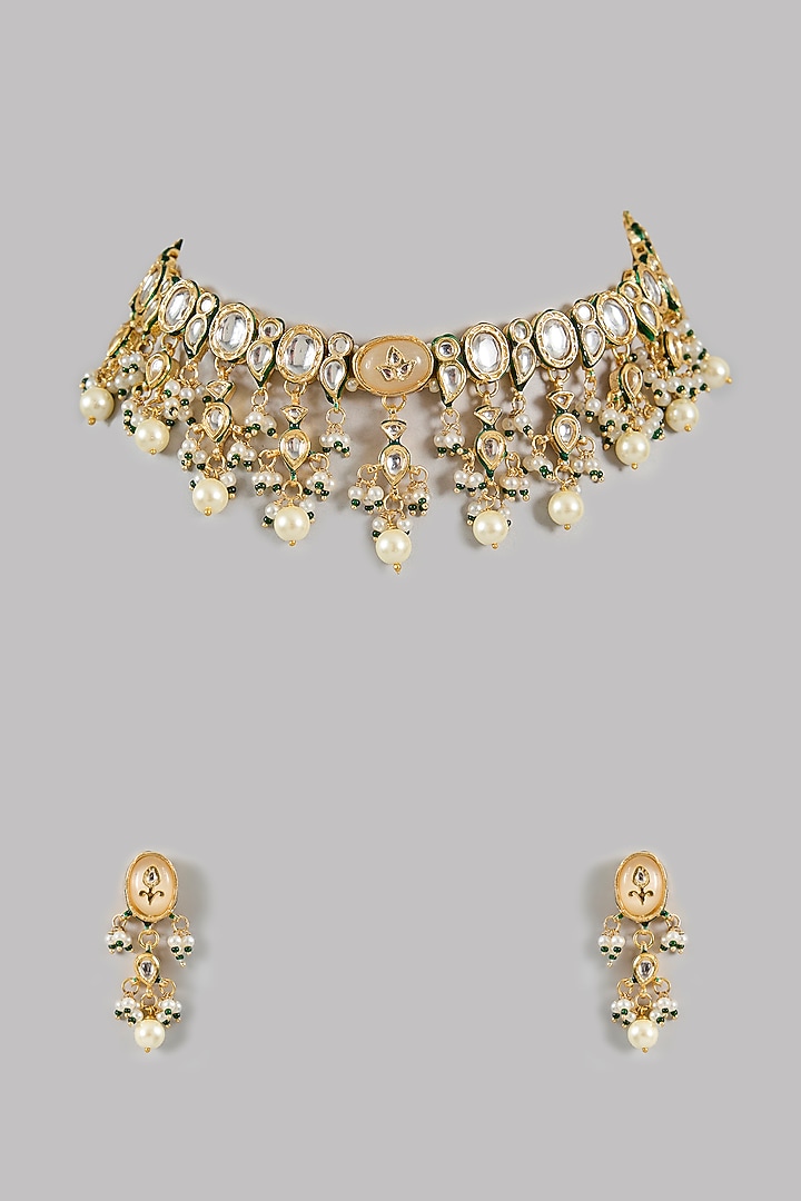 Gold Finish Kundan Polki & Beaded Choker Necklace Set by Amreli Jaipur at Pernia's Pop Up Shop