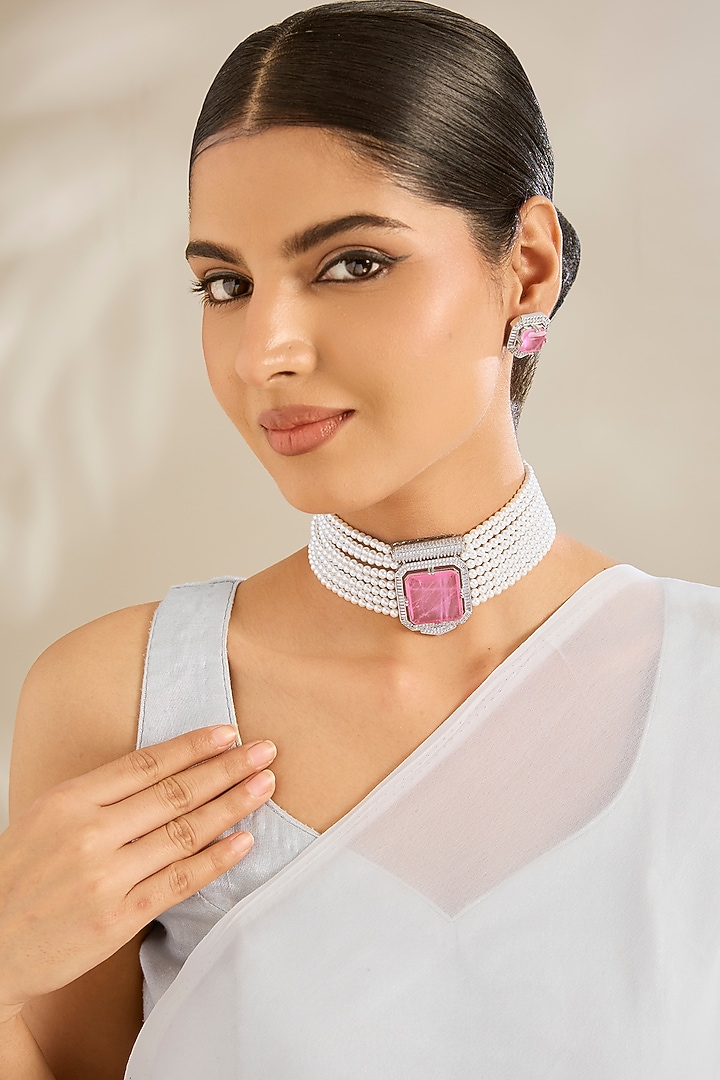 White Finish Cubic Zirconia & Pearl Choker Necklace Set by Amreli Jaipur at Pernia's Pop Up Shop
