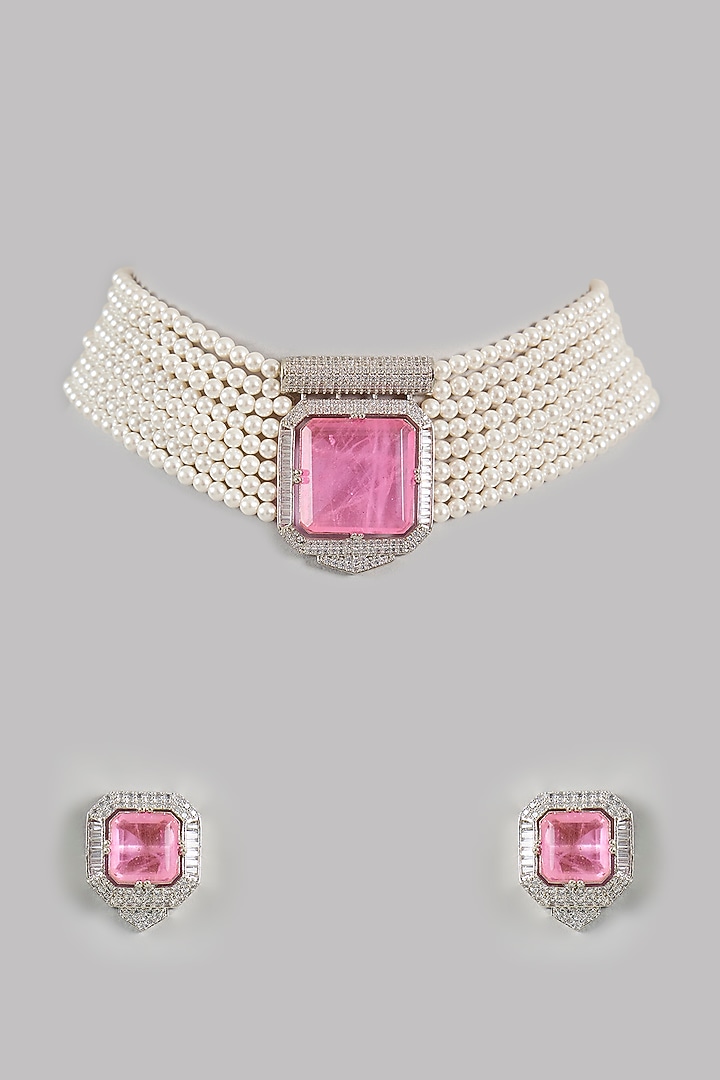 White Finish Cubic Zirconia & Pearl Choker Necklace Set by Amreli Jaipur at Pernia's Pop Up Shop