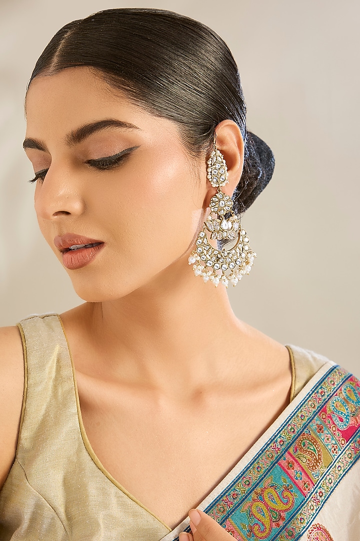 Gold Finish Kundan Polki Chandbali Earrings by Amreli Jaipur at Pernia's Pop Up Shop