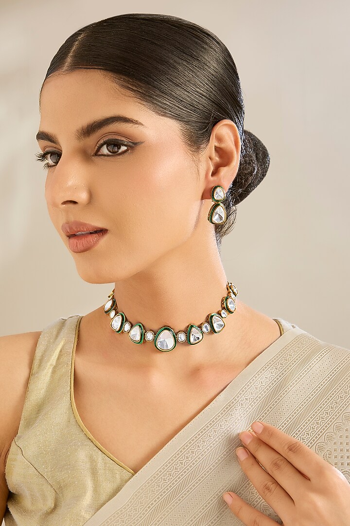 Gold Finish Kundan Polki & Emerald Stone Choker Necklace Set by Amreli Jaipur at Pernia's Pop Up Shop