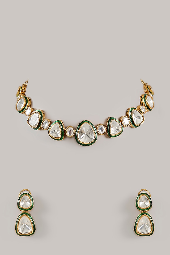 Gold Finish Kundan Polki & Emerald Stone Choker Necklace Set by Amreli Jaipur at Pernia's Pop Up Shop