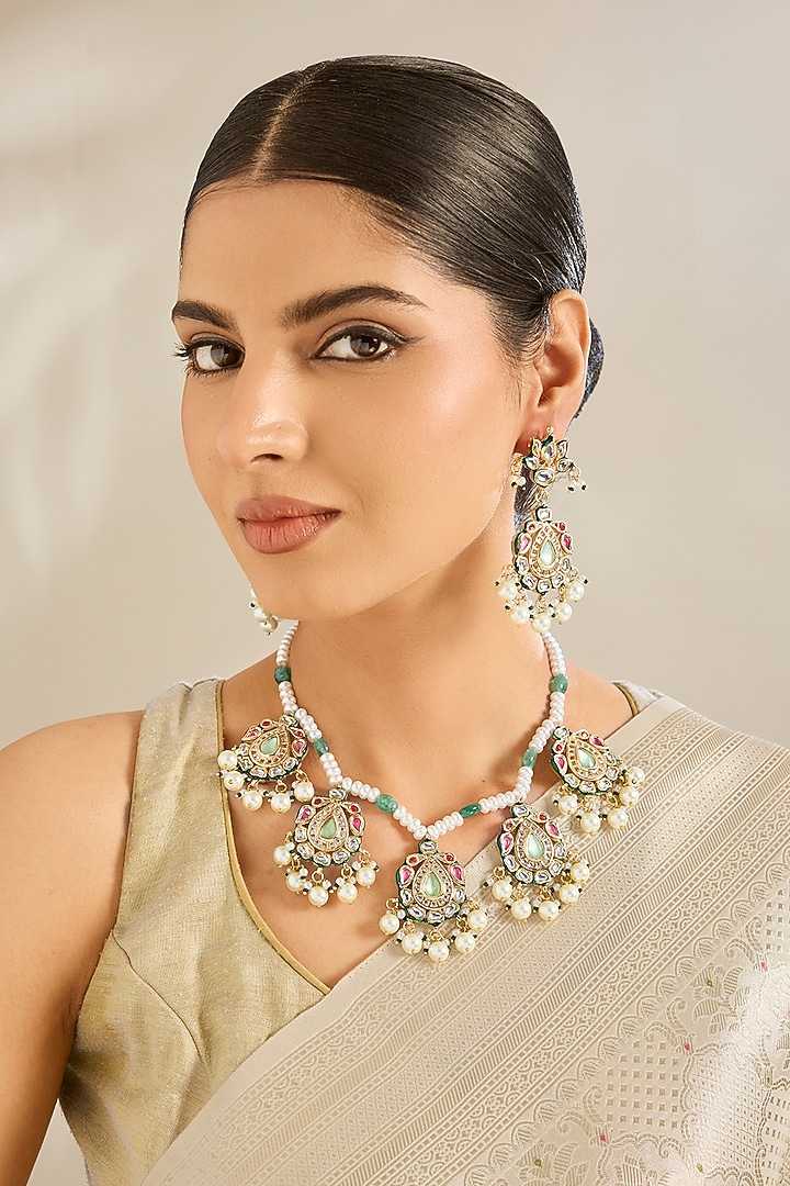 Gold Finish Kundan Polki & Beaded Necklace Set by Amreli Jaipur at Pernia's Pop Up Shop