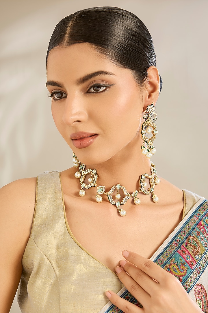 Gold Finish Kundan Polki & Beaded Choker Necklace Set by Amreli Jaipur at Pernia's Pop Up Shop