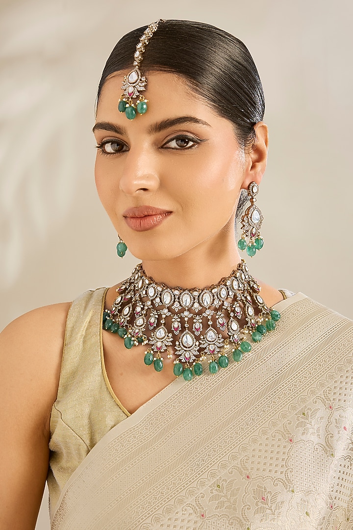 Gold Finish Kundan Polki Choker Necklace Set by Amreli Jaipur at Pernia's Pop Up Shop