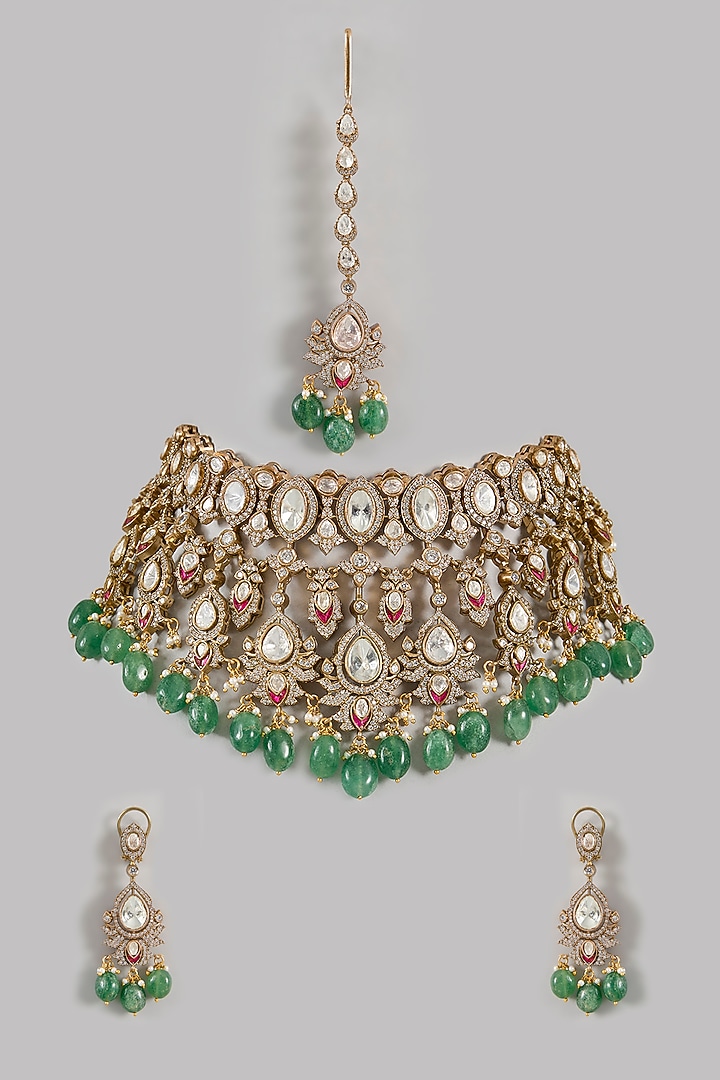 Gold Finish Kundan Polki Choker Necklace Set by Amreli Jaipur at Pernia's Pop Up Shop