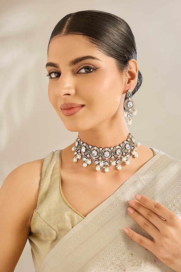 Gold Finish Kundan Polki Choker Necklace Set by Amreli Jaipur at Pernia's Pop Up Shop