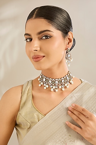 Gold Finish Kundan Polki Choker Necklace Set by Amreli Jaipur