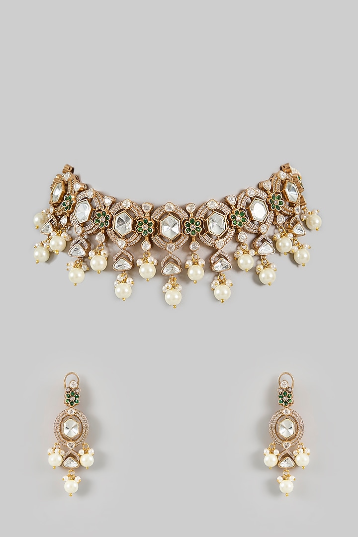 Gold Finish Kundan Polki Choker Necklace Set by Amreli Jaipur at Pernia's Pop Up Shop