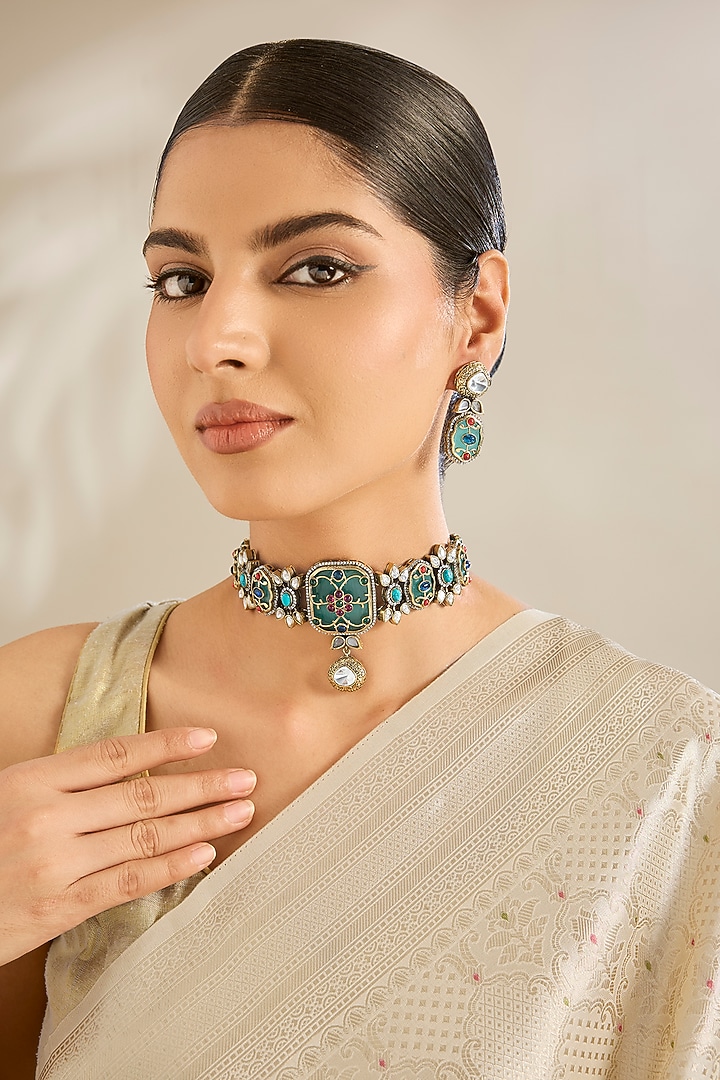 Gold Finish Green Kundan Polki Choker Necklace Set by Amreli Jaipur at Pernia's Pop Up Shop