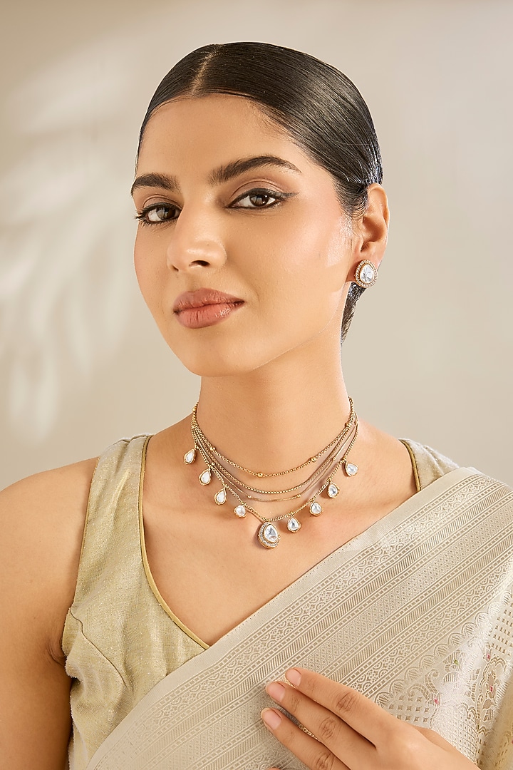 Gold Finish Kundan Polki & Beaded Choker Necklace Set by Amreli Jaipur at Pernia's Pop Up Shop