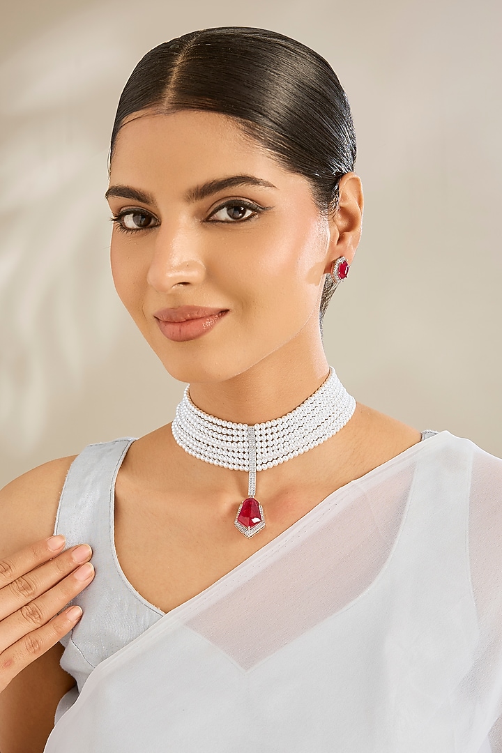 White Finish Red Cubic Zirconia & Pearl Choker Necklace Set by Amreli Jaipur at Pernia's Pop Up Shop